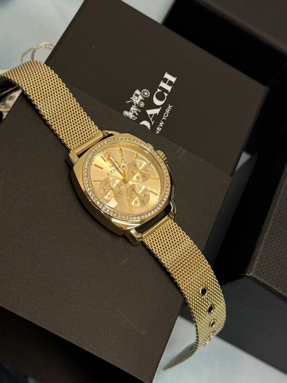(new+tag) COACH Women Chronograph Gold Watch Metal Strap Bracelet Diamond Bezel